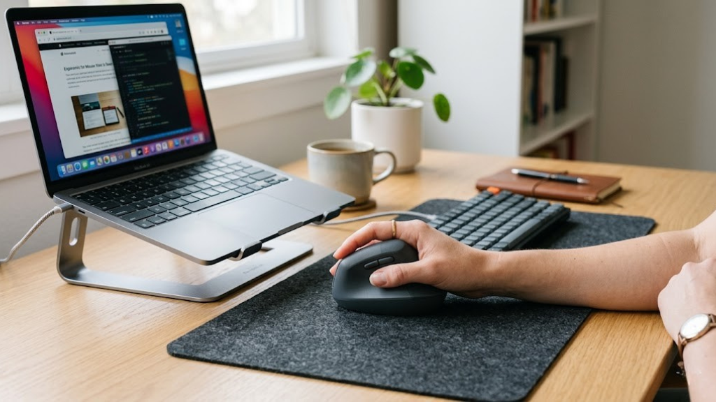 Laptop auf klappbarem Ständer am modernen Schreibtisch